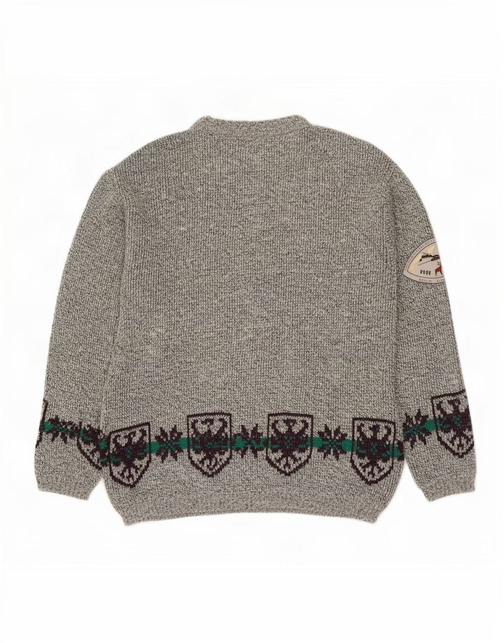Vintage Mens Crew Neck Jumper Sweater Large Grey Fair Isle Wool