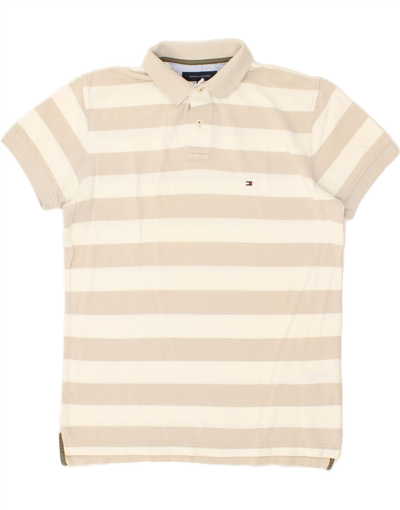 TOMMY HILFIGER Mens Polo Shirt Medium Beige Striped Cotton | Vintage Tommy Hilfiger | Thrift | Second-Hand Tommy Hilfiger | Used Clothing | Messina Hembry 