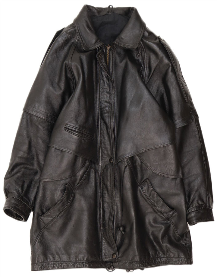 Vintage Womens Oversized Leather Coat UK 16 Large Black