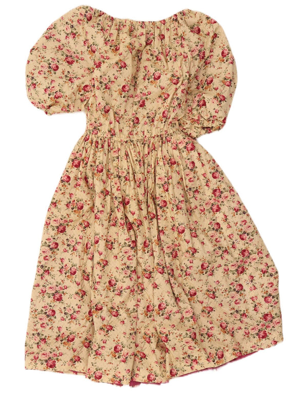Vintage Womens Off Shoulder Dress UK 14 Large Beige Floral