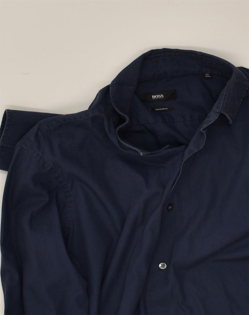 HUGO BOSS Mens Regular Fit Shirt Size 40 15 Medium Navy Blue | Vintage Hugo Boss | Thrift | Second-Hand Hugo Boss | Used Clothing | Messina Hembry 