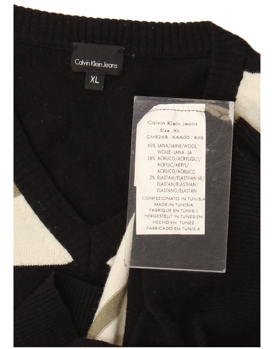 Calvin Klein Jeans Womens V-Neck Jumper Sweater Small Black Striped Wool