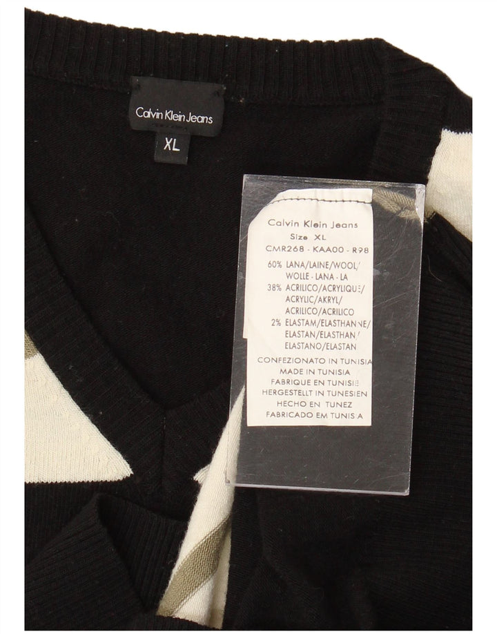 Calvin Klein Jeans Womens V-Neck Jumper Sweater Small Black Striped Wool