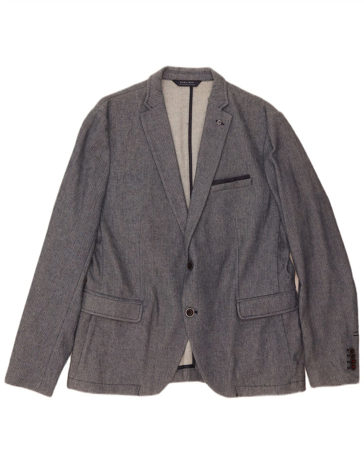 Zara Mens 2 Button Blazer Jacket EU 54 XL Blue Geometric Polyester