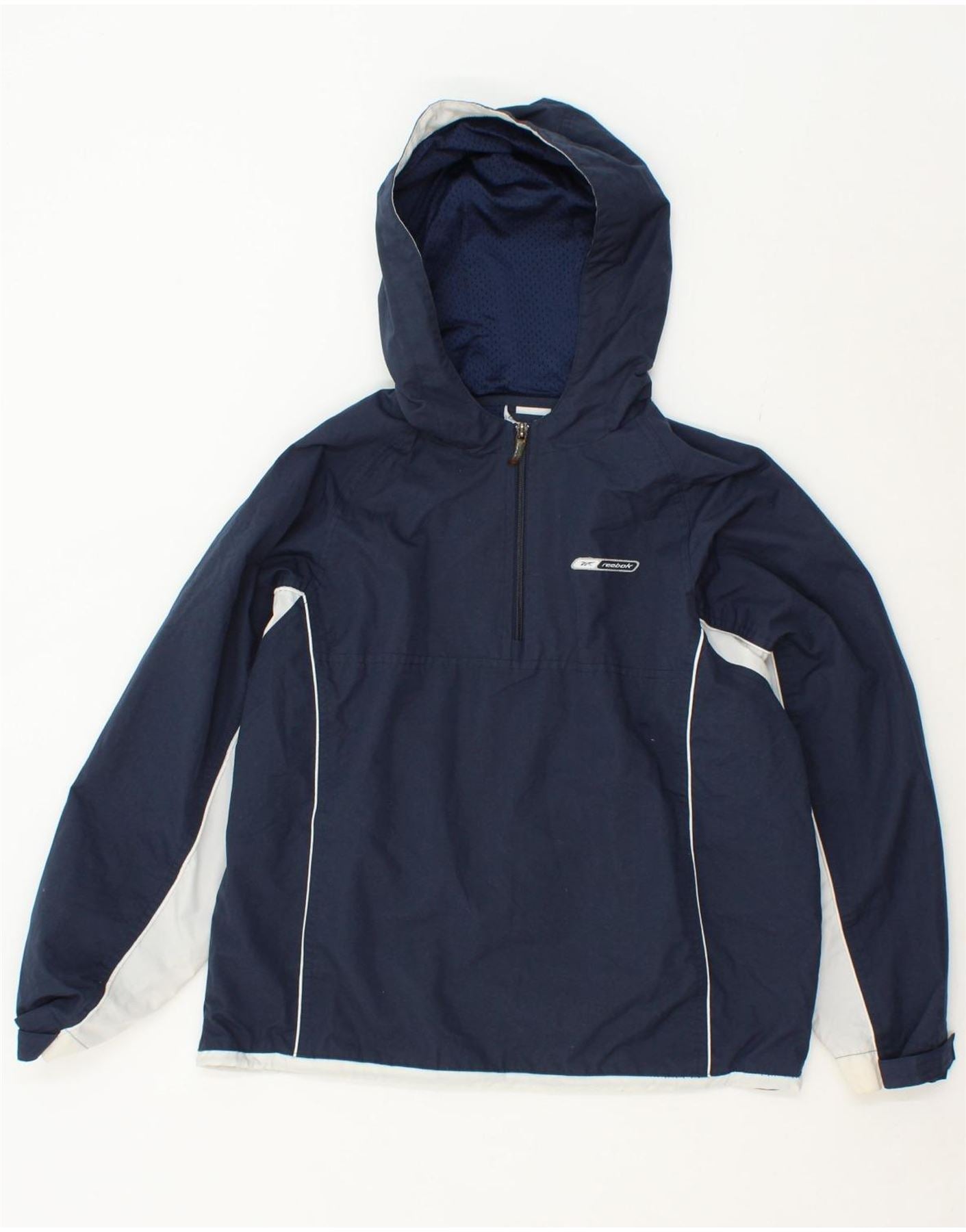 REEBOK Womens Pullover Hooded Rain Jacket UK 12 Medium Navy Blue Nylon Vintage Second Hand Clothing Online Messina Hembry