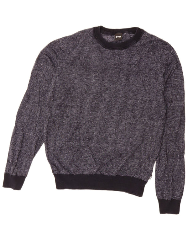 Hugo Boss Mens Boat Neck Jumper Sweater Medium Navy Blue Pinstripe Cotton
