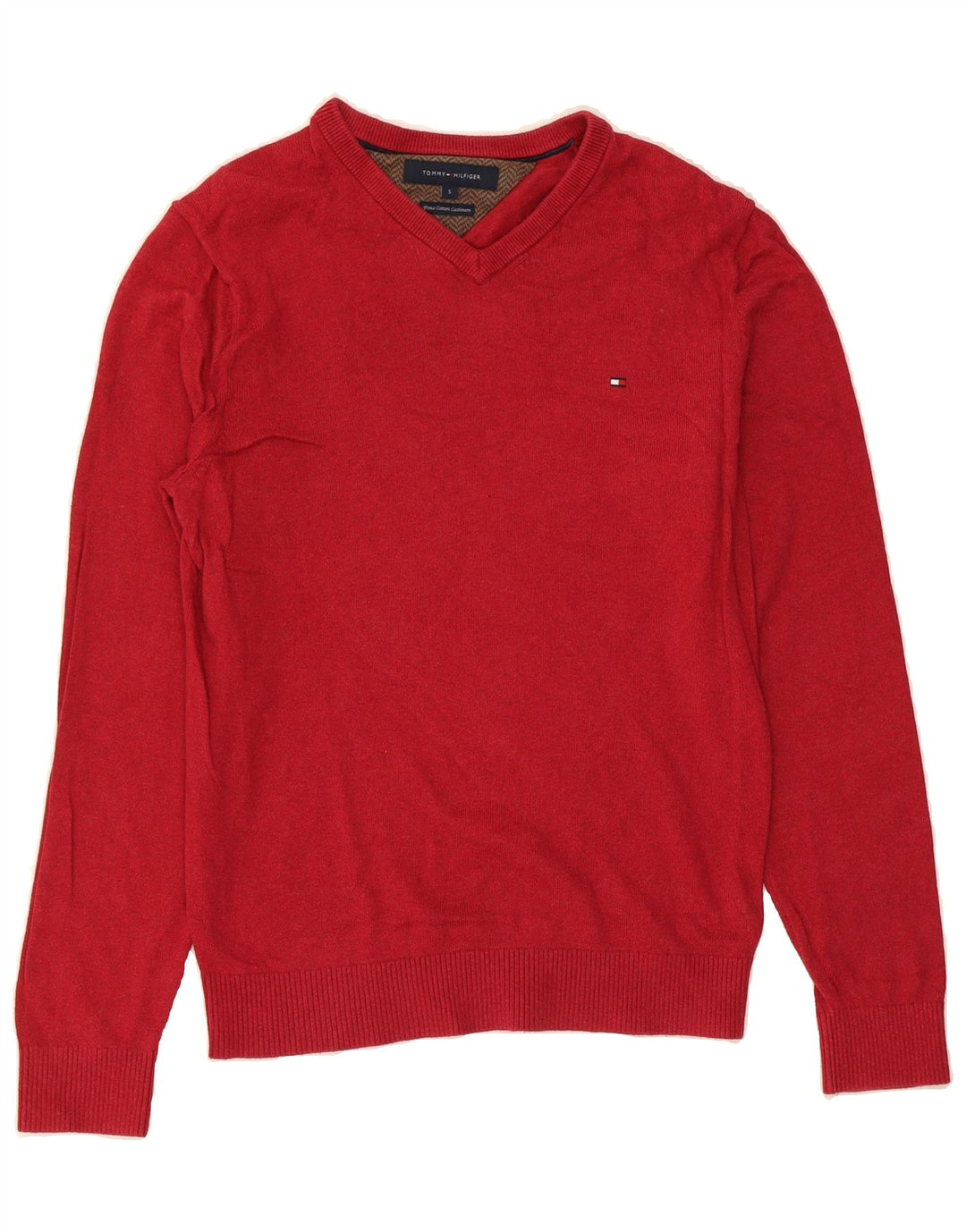 TOMMY HILFIGER Mens V-Neck Jumper Sweater Small Red Cotton Vintage Tommy Hilfiger and Second-Hand Tommy Hilfiger from Messina Hembry 