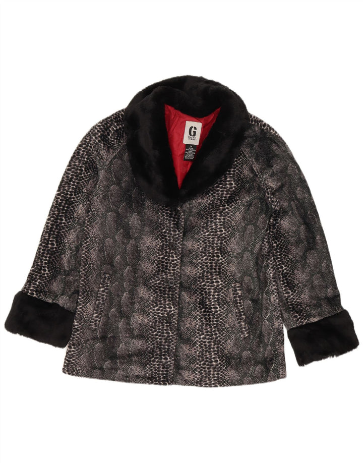 Guess Womens Faux Fur Jacket UK 14 Medium Grey Animal Print Polyester