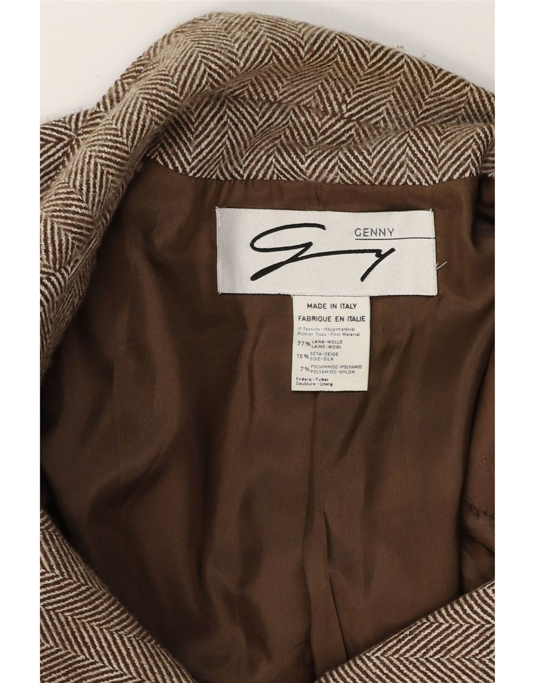 Genny Womens 3 Button Blazer Jacket UK 16 Large Brown Herringbone Wool