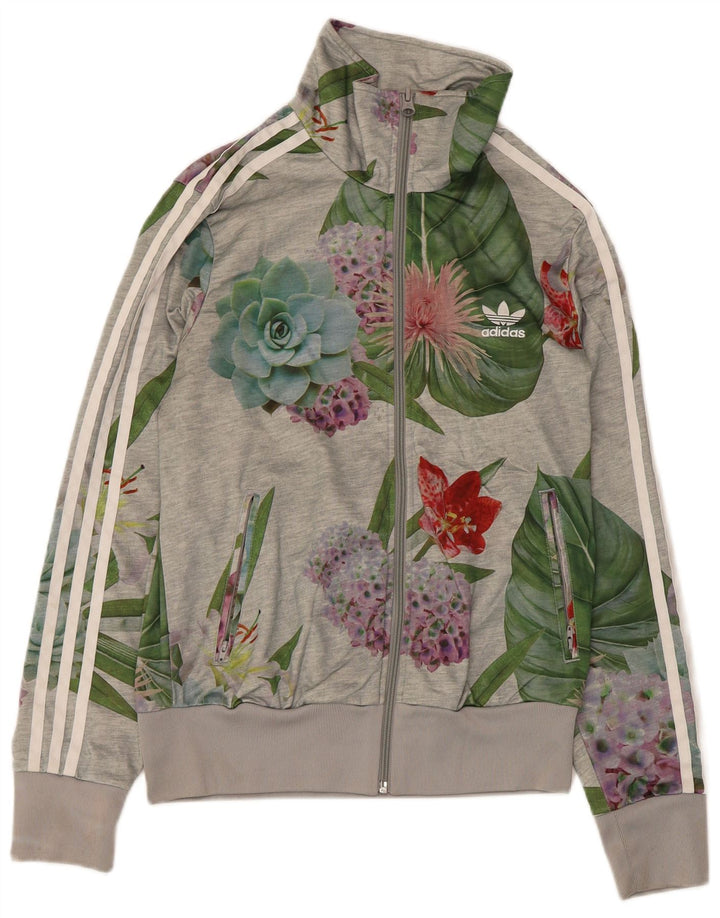Adidas Womens Graphic Tracksuit Top Jacket UK 14 Medium Grey Floral