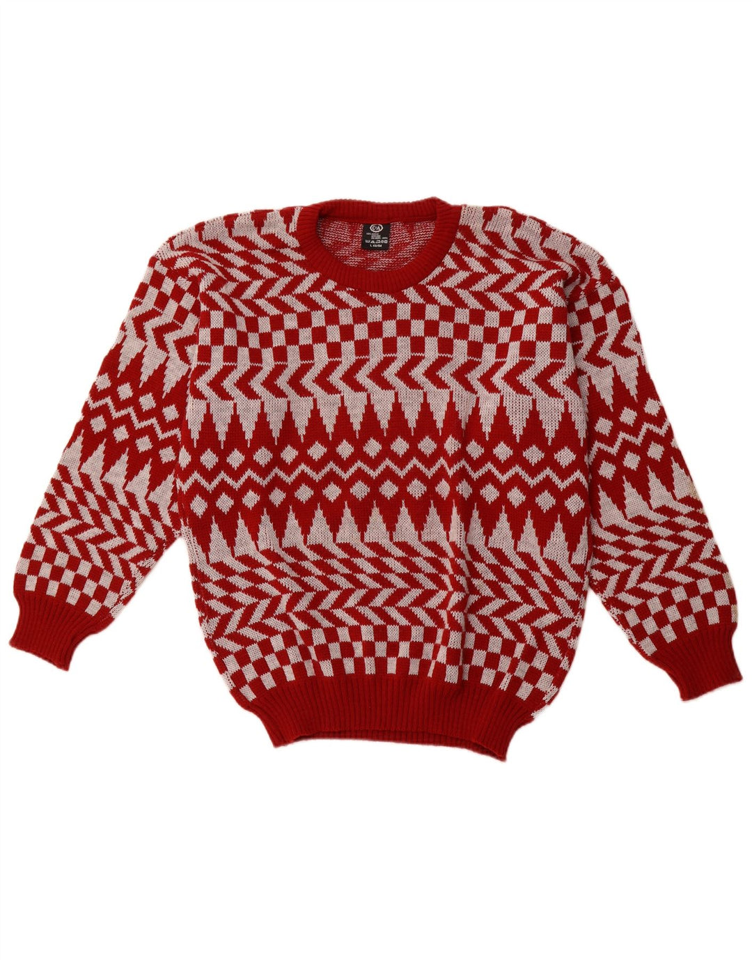 C & A Mens Crew Neck Jumper Sweater Large Red Geometric Acrylic