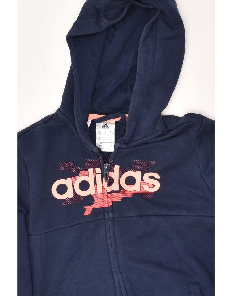 ADIDAS Girls Graphic Zip Hoodie Sweater 11-12 Years Navy Blue Cotton | Vintage Adidas | Thrift | Second-Hand Adidas | Used Clothing | Messina Hembry 