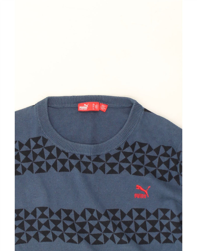 PUMA Mens Crew Neck Jumper Sweater Small Navy Blue Geometric | Vintage Puma | Thrift | Second-Hand Puma | Used Clothing | Messina Hembry 