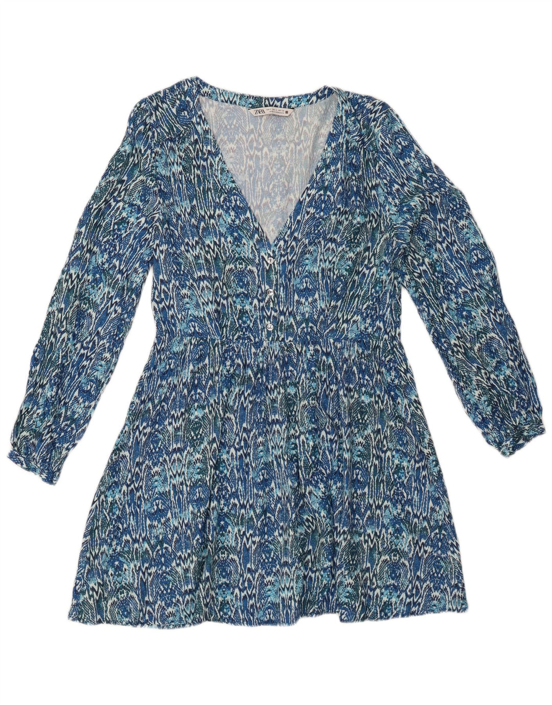 ZARA Womens Long Sleeve A-Line Dress UK 10 Small Blue Ikat Viscose