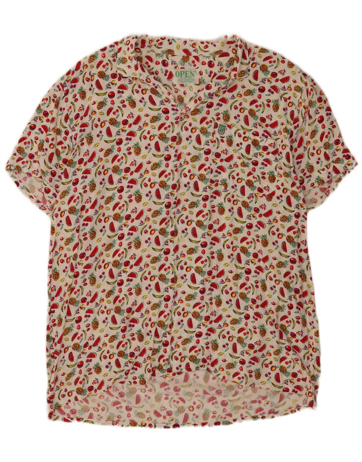 Vintage Mens Abstract Pattern Short Sleeve Shirt XL White
