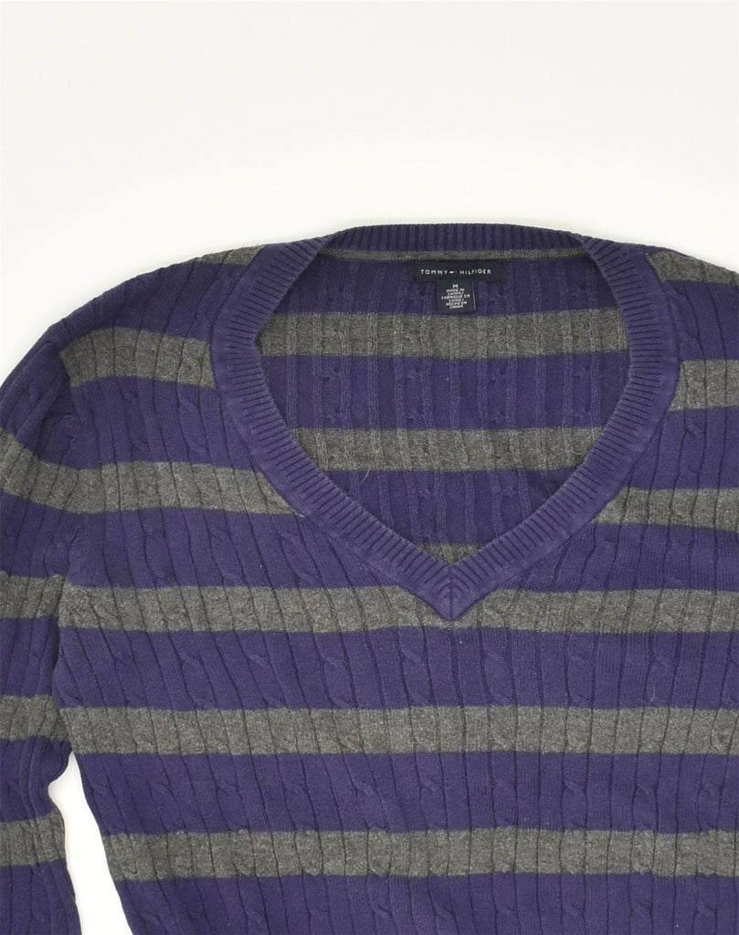 TOMMY HILFIGER Womens V-Neck Jumper Sweater UK 12 Medium Purple Striped | Vintage Tommy Hilfiger | Thrift | Second-Hand Tommy Hilfiger | Used Clothing | Messina Hembry 