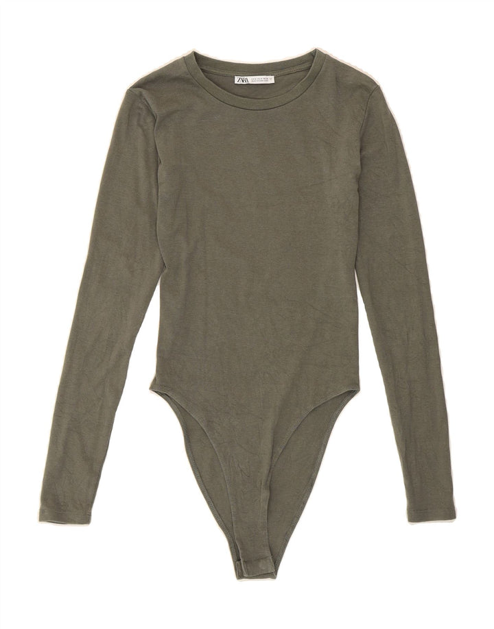 ZARA Womens Long Sleeve Bodysuit UK 10 Small Khaki Cotton Vintage Zara and Second-Hand Zara from Messina Hembry 