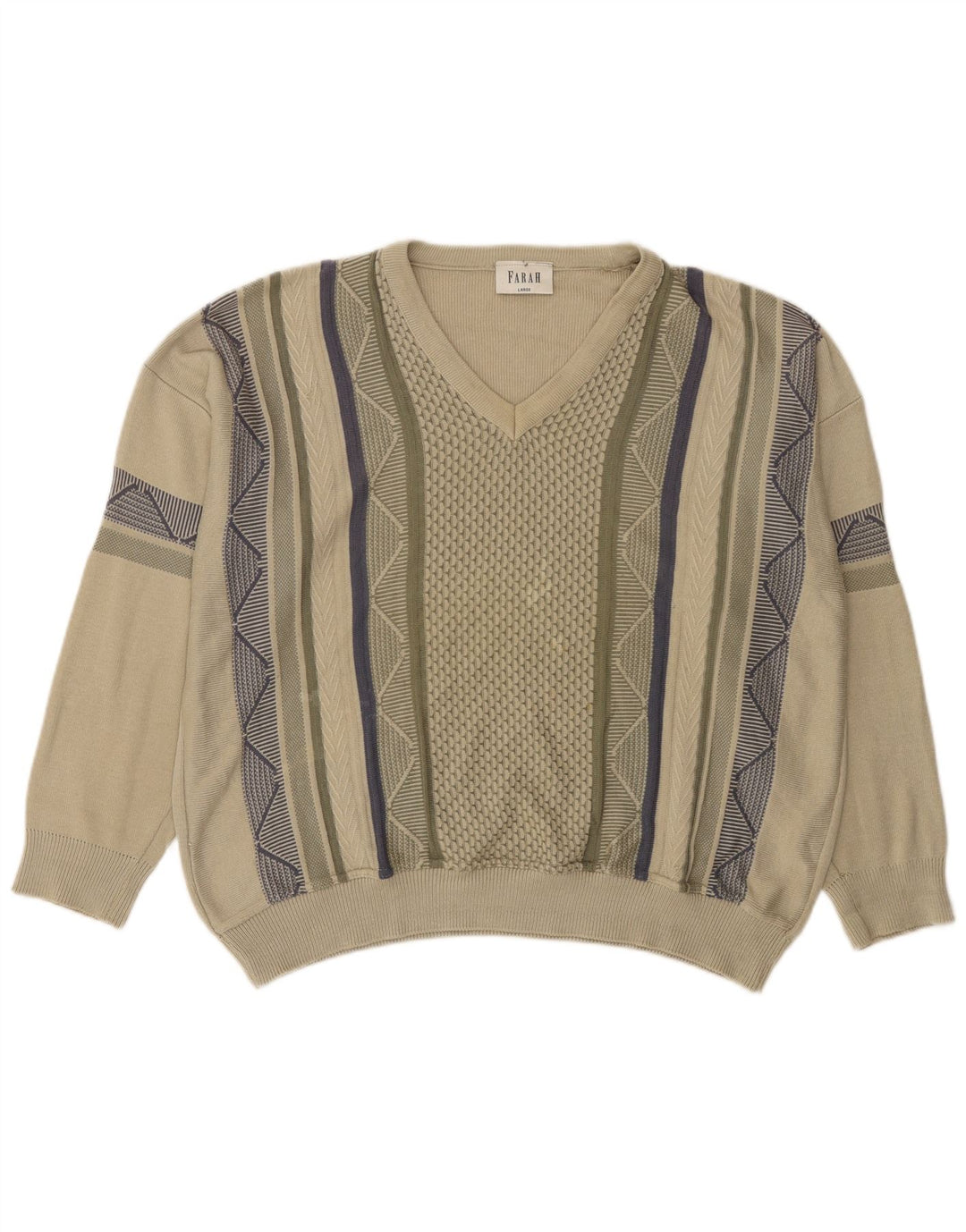 Farah Mens V-Neck Jumper Sweater Large Green Geometric Acrylic