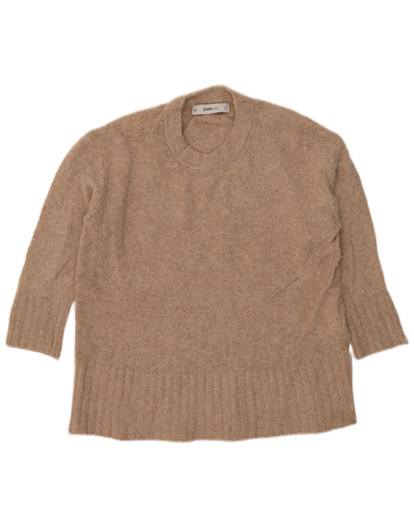 Zara Womens 3/4 Sleeve Oversized Crew Neck Jumper Sweater UK 10 Small Beige