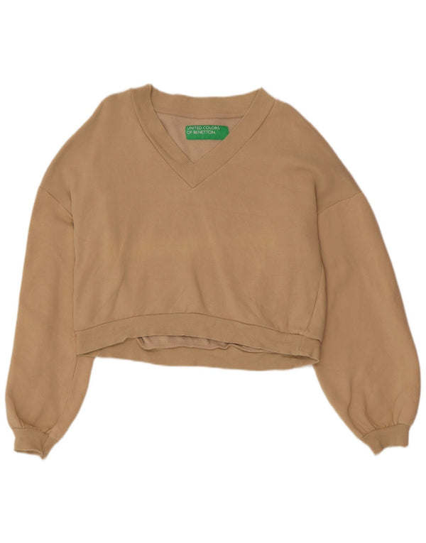 BENETTON Womens Crop Oversized Sweatshirt Jumper UK 10 Small Beige Cotton