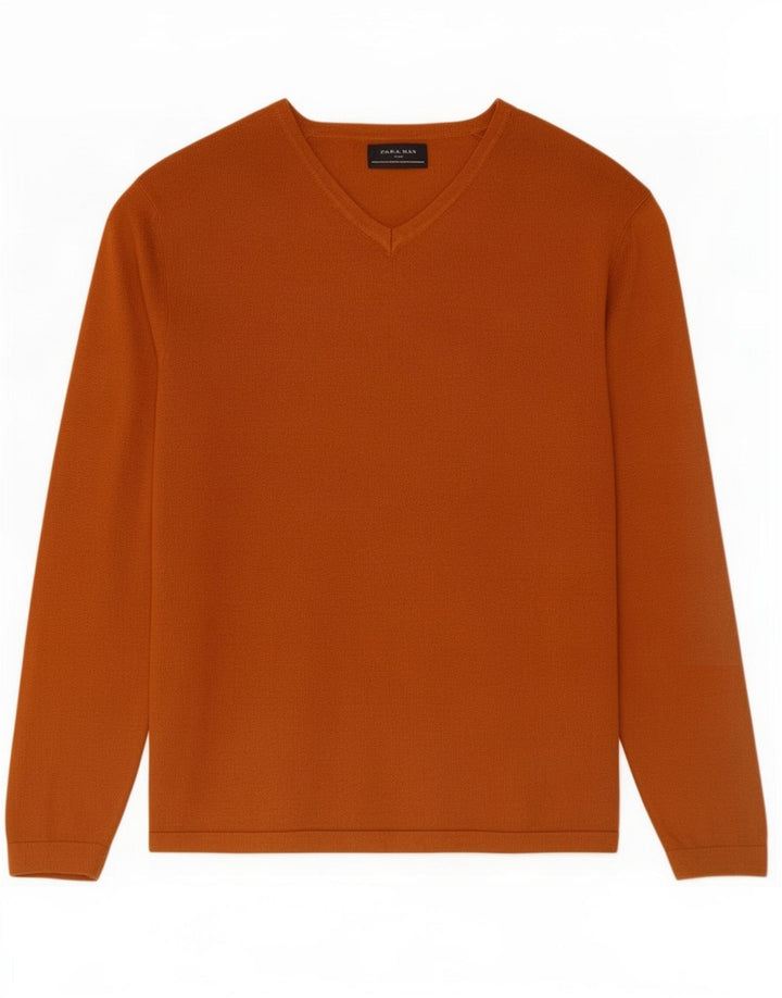 Zara Mens V-Neck Jumper Sweater Medium Orange Viscose