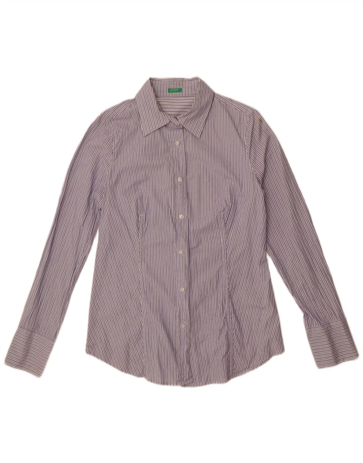 Benetton Womens Shirt UK 14 Medium Blue Pinstripe Cotton
