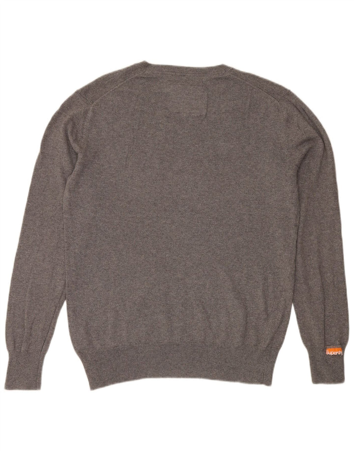 SUPERDRY Mens V-Neck Jumper Sweater Large Grey Cotton