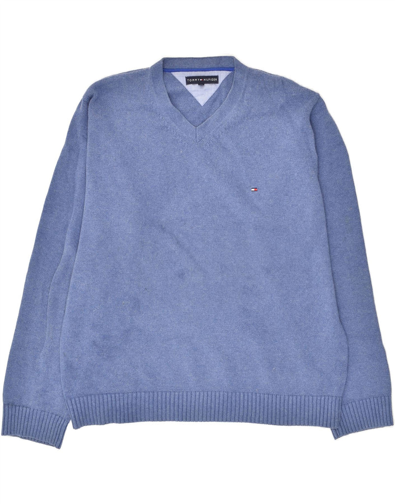 TOMMY HILFIGER Mens V-Neck Jumper Sweater 2XL Blue Cotton | Vintage Tommy Hilfiger | Thrift | Second-Hand Tommy Hilfiger | Used Clothing | Messina Hembry 