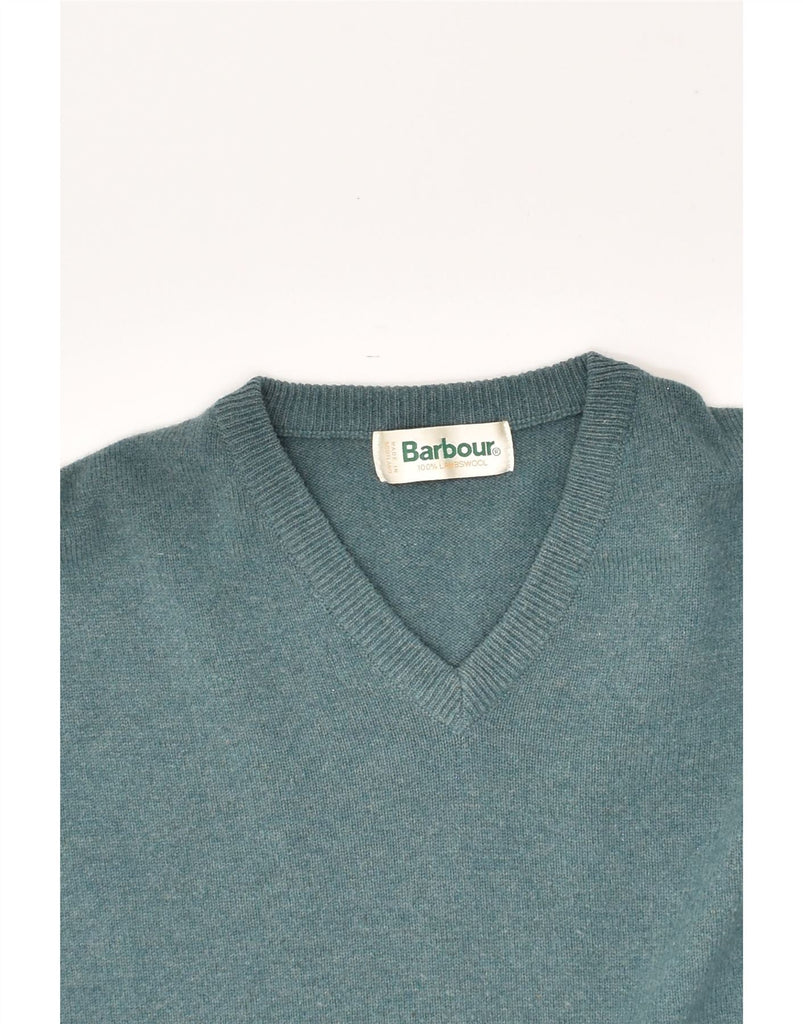 BARBOUR Mens V-Neck Jumper Sweater Large Turquoise Lambswool | Vintage Barbour | Thrift | Second-Hand Barbour | Used Clothing | Messina Hembry 