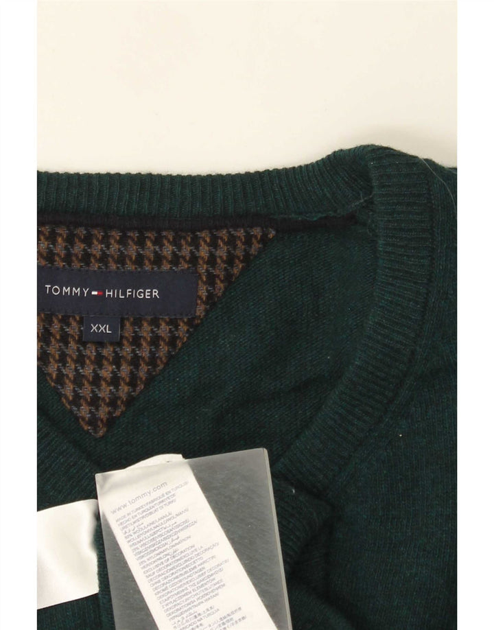Tommy Hilfiger Mens V-Neck Jumper Sweater 2XL Green Wool