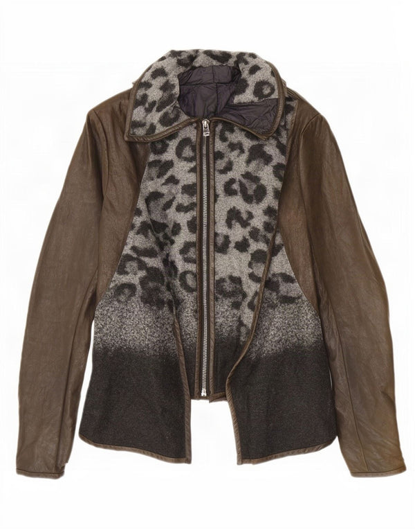 Vintage Womens Leather Jacket UK 10 Small Brown Animal Print