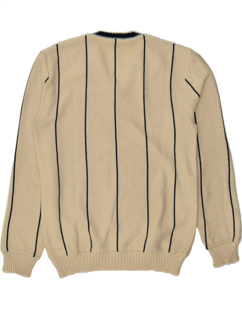 VINTAGE Mens Slim Fit V-Neck Jumper Sweater IT 54 XL Beige Striped Acrylic | Vintage Vintage | Thrift | Second-Hand Vintage | Used Clothing | Messina Hembry 