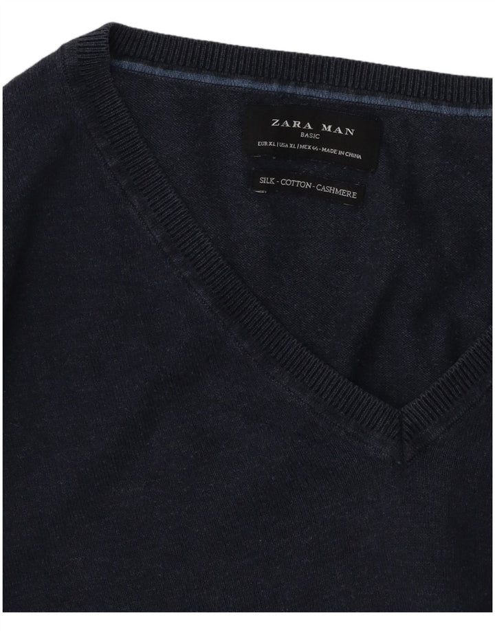 Zara Mens V-Neck Jumper Sweater XL Navy Blue Cotton