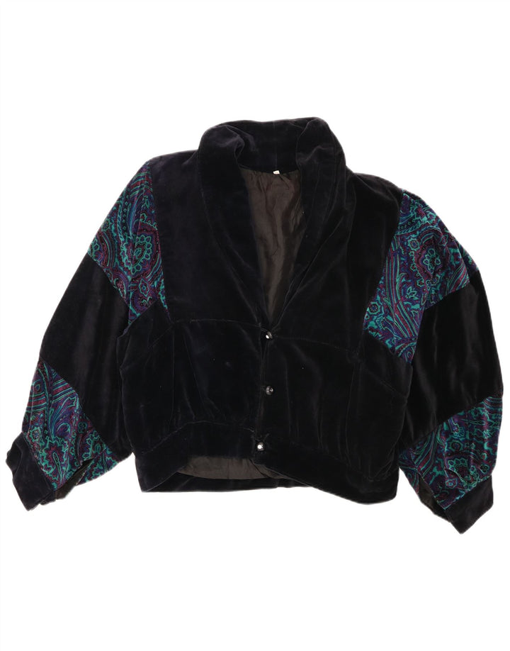 Vintage Womens Oversized Crop Bomber Jacket UK 10 Small Navy Blue Paisley