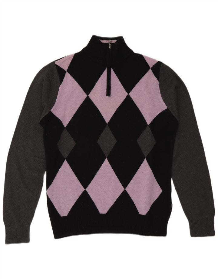 Sergio Tacchini Mens Zip Neck Jumper Sweater Medium Black Argyle/Diamond