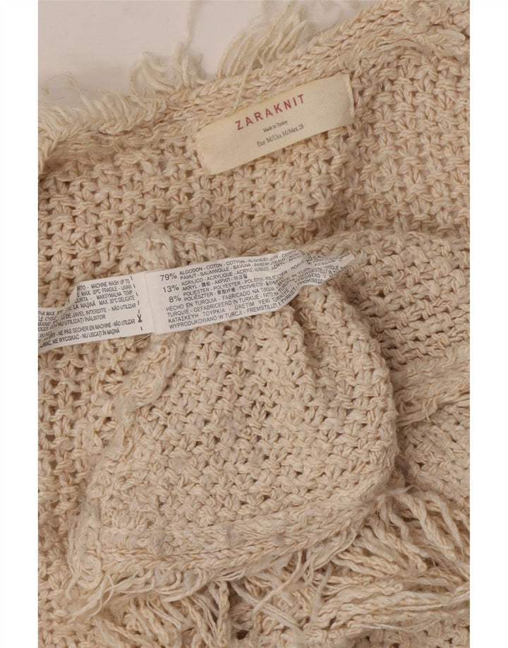 Zara Womens Longline Open Cardigan Sweater UK 14 Medium Beige Cotton