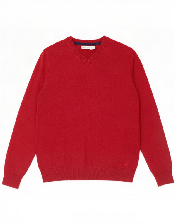 Nautica Mens V-Neck Jumper Sweater Small Red Cotton