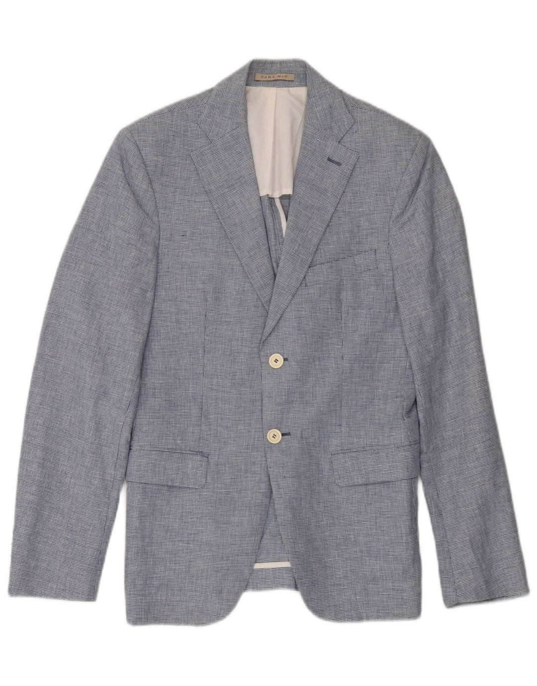 Zara Mens 2 Button Blazer Jacket EU 46 Small Blue Houndstooth Linen