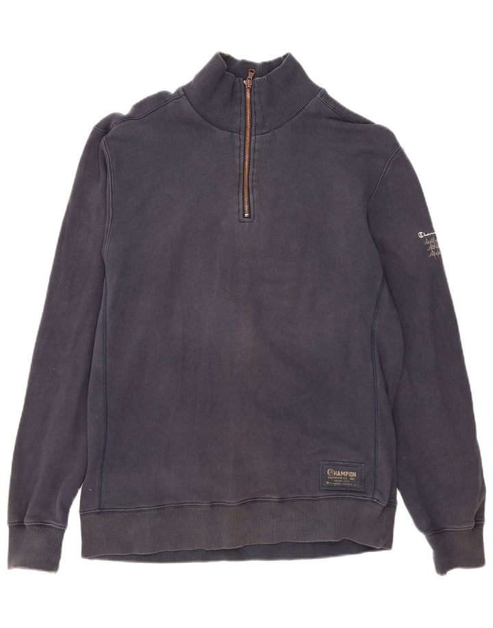 Champion Mens Zip Neck Sweatshirt Jumper Large Navy Blue Cotton