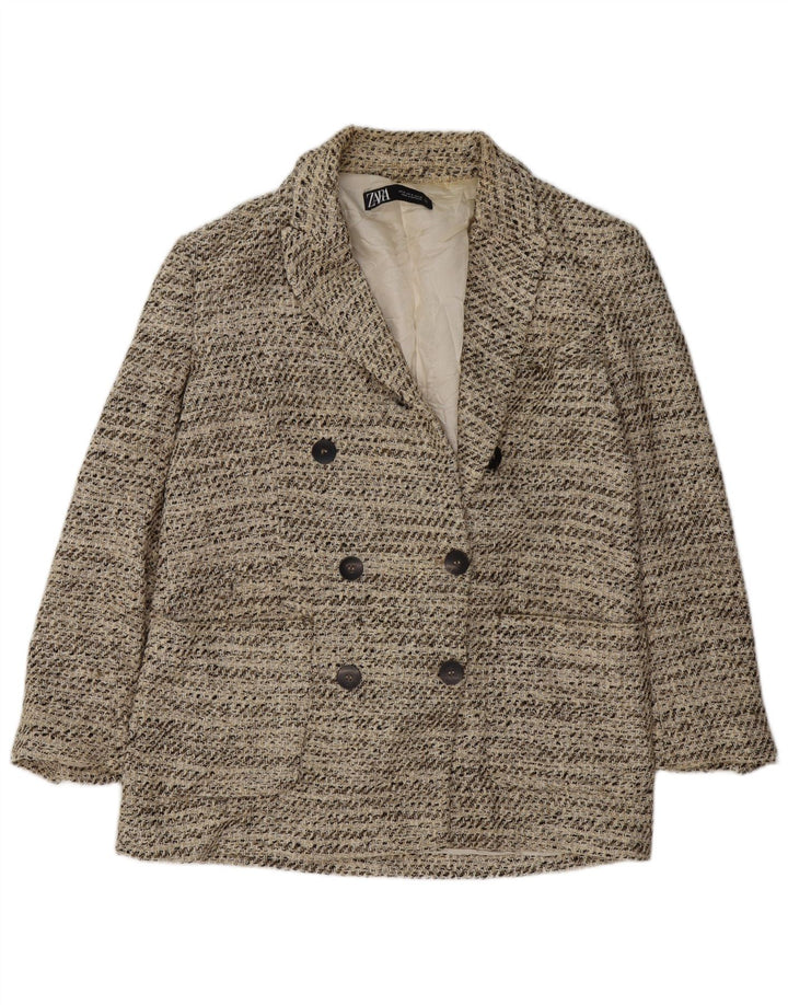 Zara Womens Double Breasted Blazer Jacket UK 14 Medium Beige Flecked Cotton