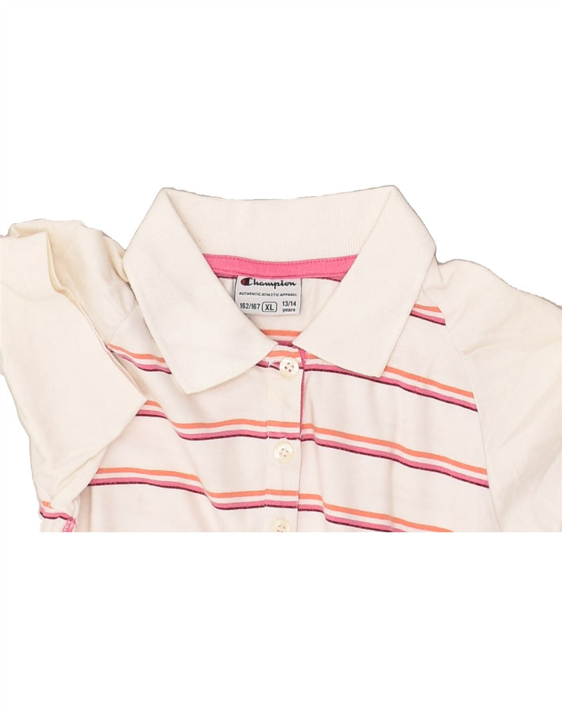 CHAMPION Girls Polo Shirt 13-14 Years XL White Striped Cotton | Vintage Champion | Thrift | Second-Hand Champion | Used Clothing | Messina Hembry 