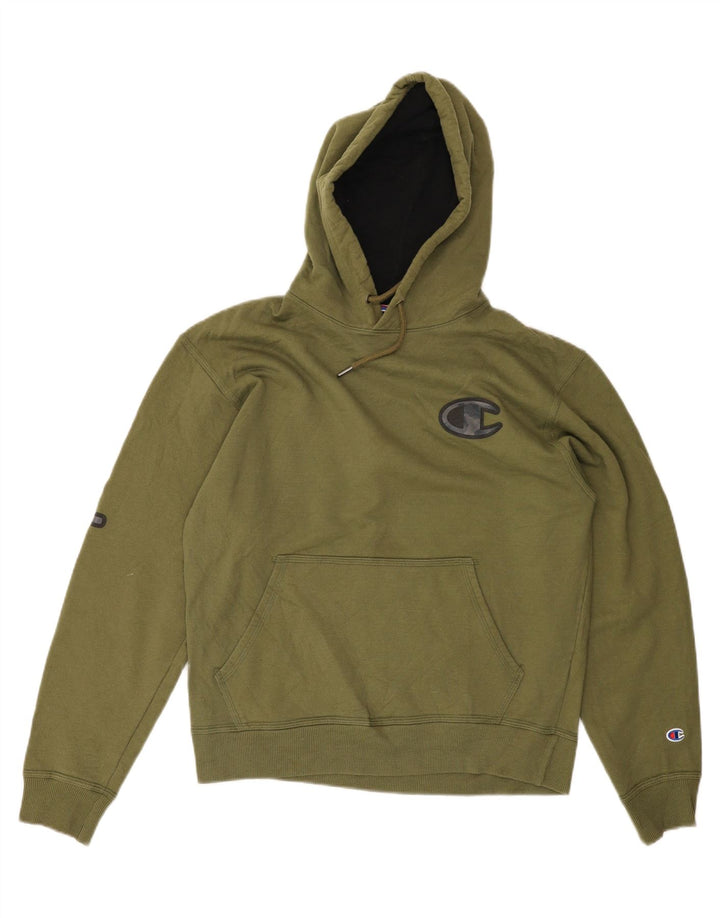CHAMPION Mens Graphic Hoodie Jumper Medium Khaki Cotton Vintage Champion and Second-Hand Champion from Messina Hembry 