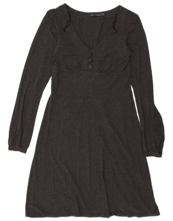 Zara Womens Long Sleeve A-Line Dress UK 14 Large Grey Flecked Viscose