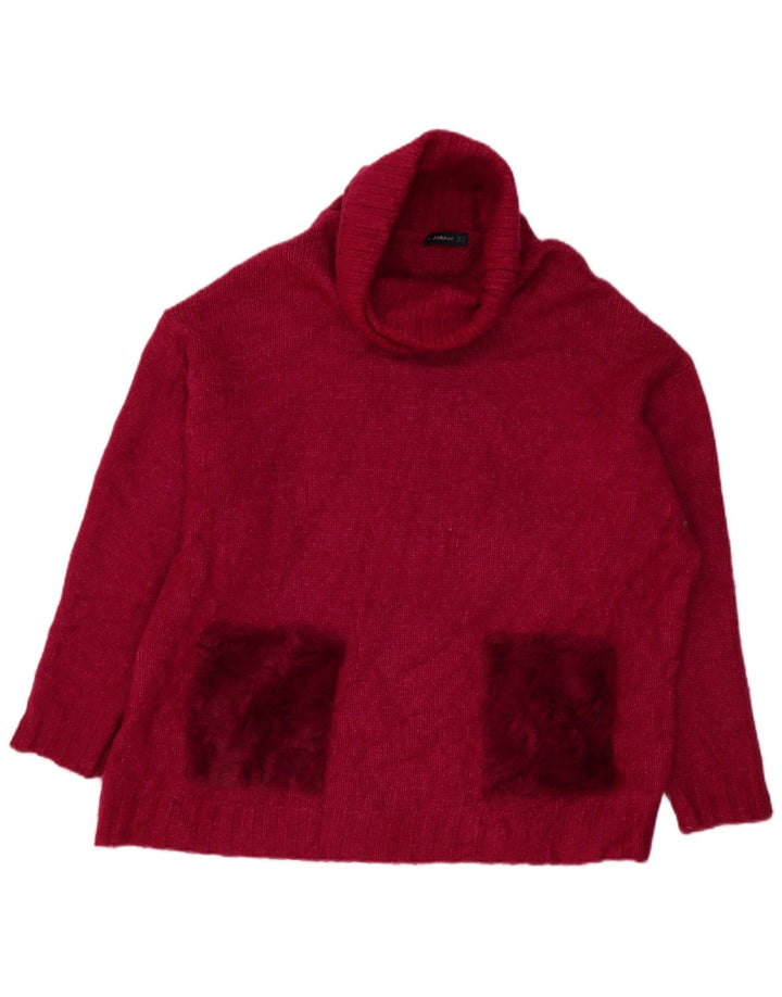 Zara Womens Oversized Roll Neck Jumper Sweater UK 14 Medium Pink Acrylic