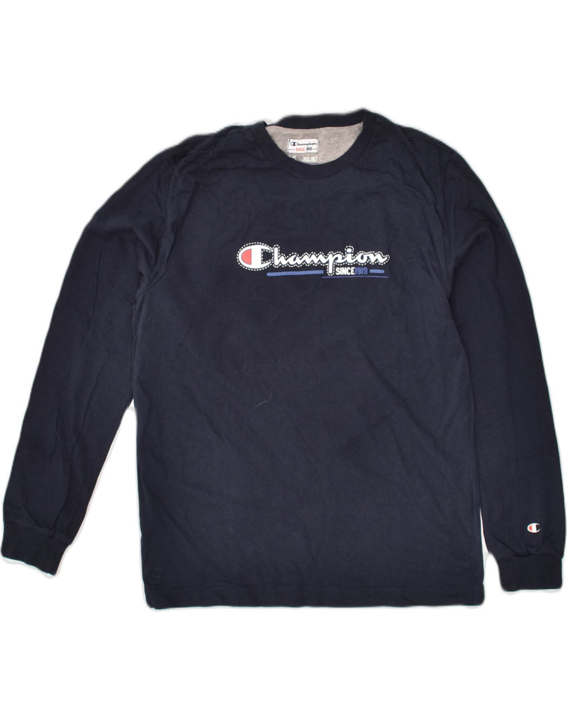 CHAMPION Boys Graphic Top Long Sleeve 13-14 Years XL Navy Blue Cotton | Vintage Champion | Thrift | Second-Hand Champion | Used Clothing | Messina Hembry 