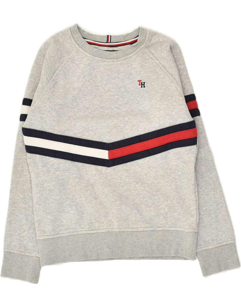 TOMMY HILFIGER Boys Sweatshirt Jumper 9-10 Years Grey Striped Cotton | Vintage Tommy Hilfiger | Thrift | Second-Hand Tommy Hilfiger | Used Clothing | Messina Hembry 