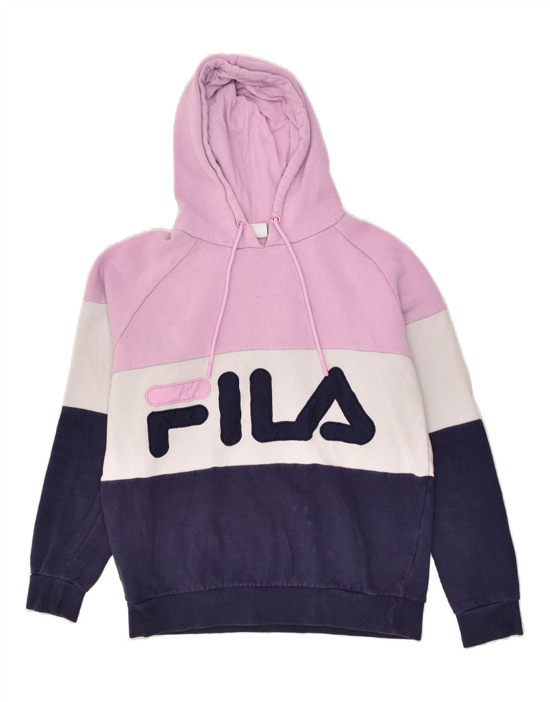 FILA Womens Graphic Hoodie Jumper UK 10 Small Pink Colourblock Cotton | Vintage Fila | Thrift | Second-Hand Fila | Used Clothing | Messina Hembry 