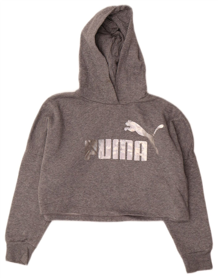 PUMA Girls Crop Graphic Hoodie Jumper 9-10 Years Grey Cotton