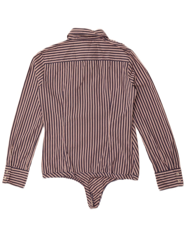 Benetton Womens Long Sleeve Bodysuit UK 14 Large Navy Blue Striped