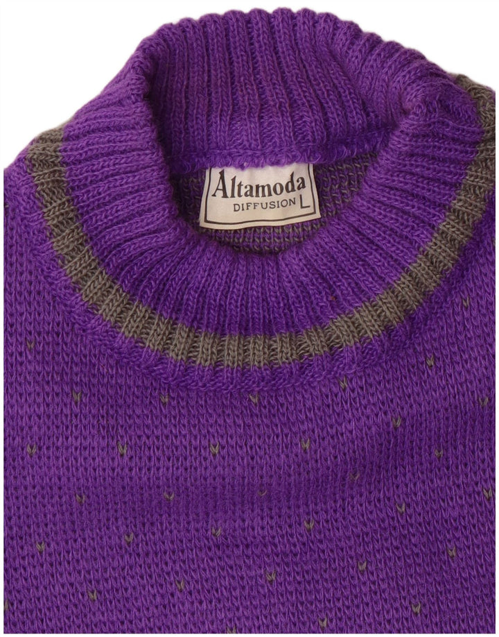 ALTA MODA Womens Graphic Crew Neck Jumper Sweater UK 16 Large Purple Wool